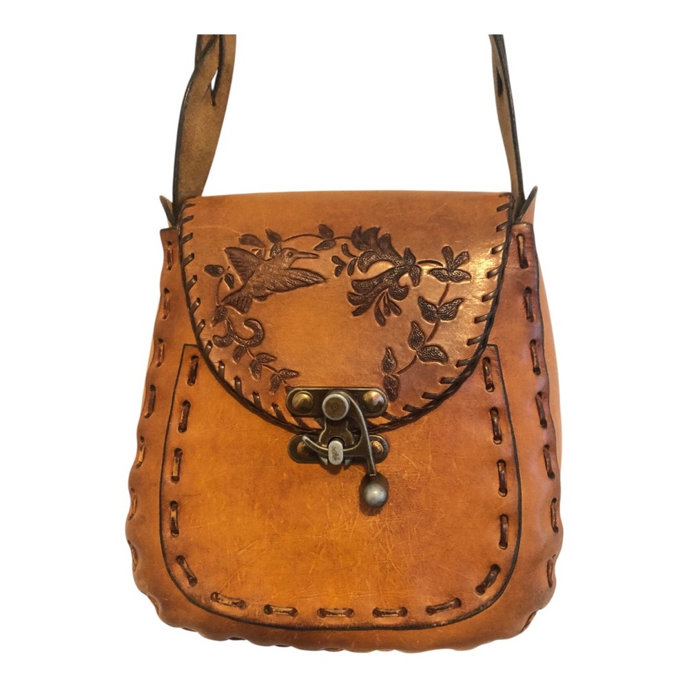 Vintage 1970’s Boho Tooled Leather Festival Bag Hummingbird